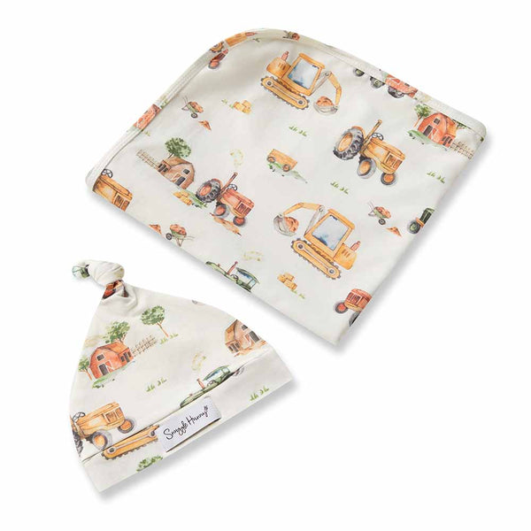 [Snuggle Hunny] Baby Jersey Wrap & Beanie Set — Diggers & Tractors