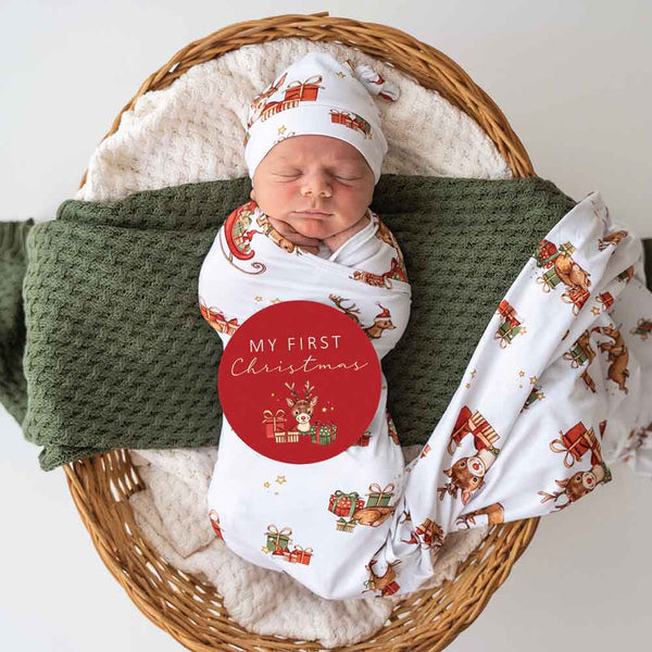 [Snuggle Hunny] Baby Jersey Wrap & Beanie Set — Christmas (+ milestone card)
